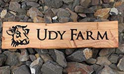 Carved Macrocarpa Slab sign, image of a cow with engraved letters